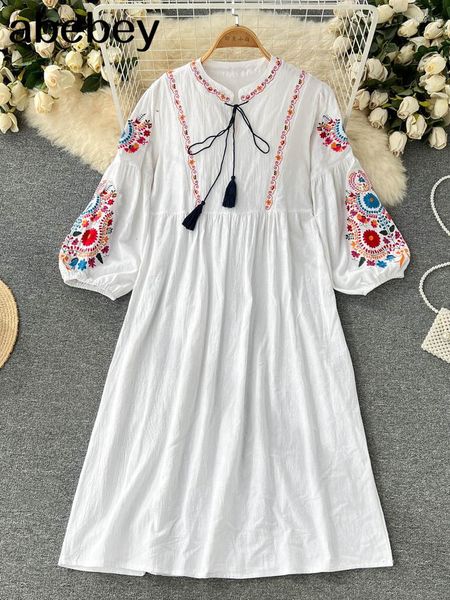 Vestidos Casuais Verão Branco Boho Estilo Vintage Túnica Bordada à Mão Vestido Mexicano Hippie Puebla Retro Vestidos Soltos