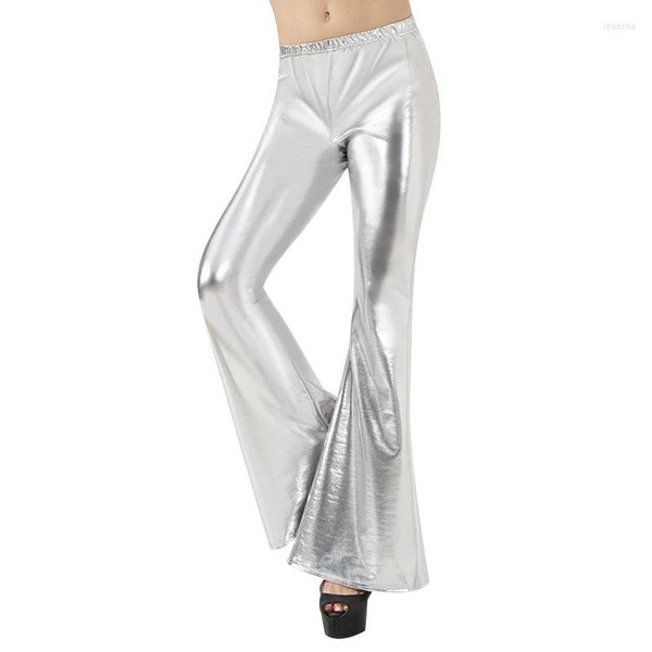 Damenhose, fluoreszierende PU-Leggings, helles Kunstleder, glänzend, lockere Stretch-Pantalones, Damen-Hip-Hop-Hose mit metallischem weitem Bein, ausgestellte Hose