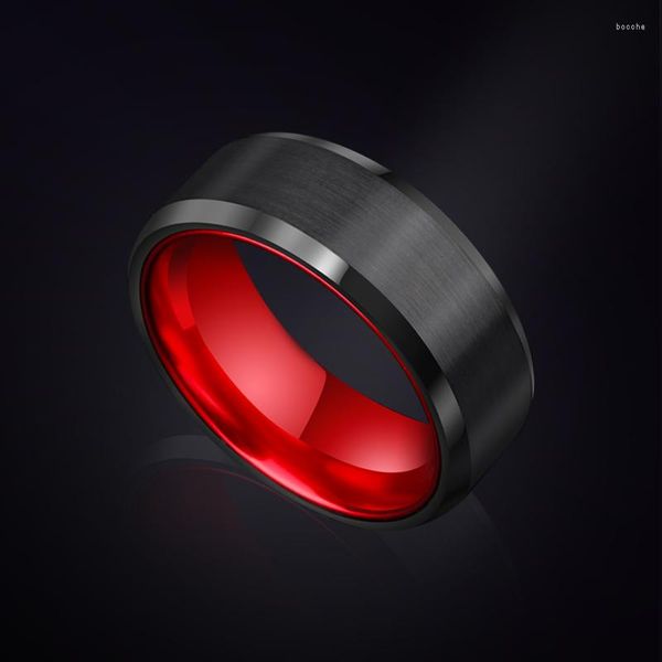 Anéis de cluster 8 mm de largura banda masculina de carboneto de tungstênio preto acabamento escovado com forro de alumínio vermelho tamanho 6-14 presente masculino para o Natal