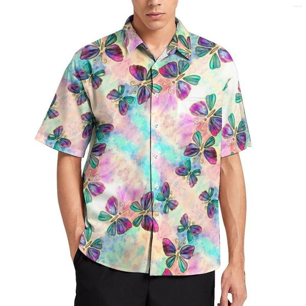 Camisas casuais masculinas lindas e coloridas blusas de borboleta com estampa de homem manga curta havaiana personalizada Y2K oversized camisa de férias presente