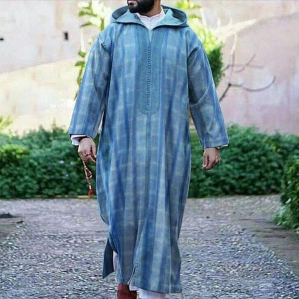 Roupa étnica Estilo Africano Camisa Masculina de Manga Longa Moda Muçulmano Com Capuz Solto Robe Azul Leste Árabe Kaftan 2023 Verão