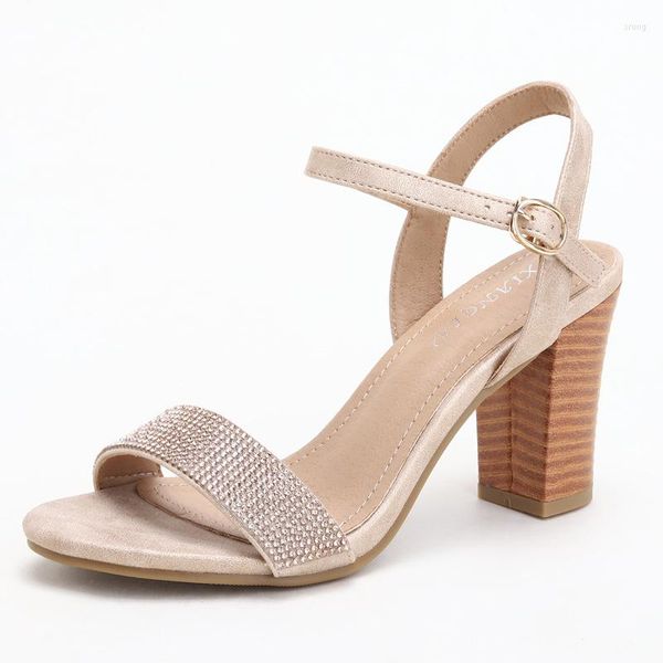 Sandalen 2023 Sommer Frauen High Heels 8 cm Offene spitze Party Schuhe Quadratische Ferse Schnalle Glänzende Schnürsenkel