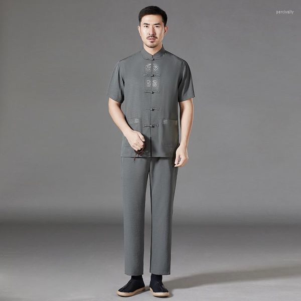 Abbigliamento etnico Tang Suit Costume tradizionale cinese tinta unita manica corta da uomo China Style Retro Business Gentleman 2023