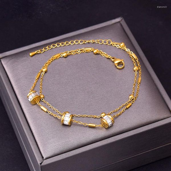 Tornozeleiras Aço Inoxidável 316L Fashion Fine Jewelry 2-Layer Cylinder Beading Crystal Zircon Tire Shape Charm Chain For Women