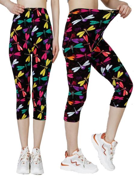 Leggings femininas CHSDCSI verão respirável confortável capri para uso ao ar livre grande elástico macio impressão padrão ginásio cintura média