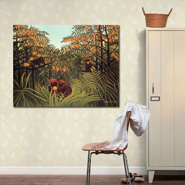 Impressionistische Landschafts-Leinwandkunst, Affen im Orangenhain, handgefertigtes Ölgemälde von Henri Rousseau, modernes Zimmer