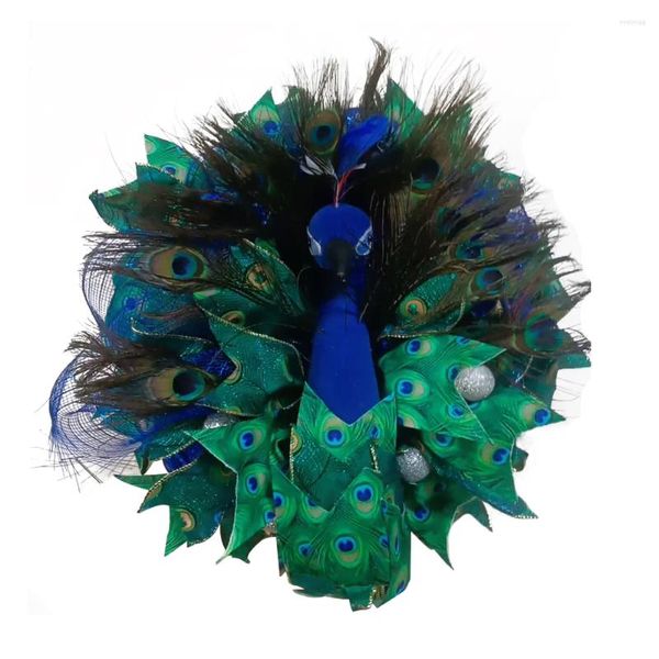 Flores decorativas 40 cm hermosa corona de pavo real malla azul y verde puerta delantera artificial para la decoración del hogar