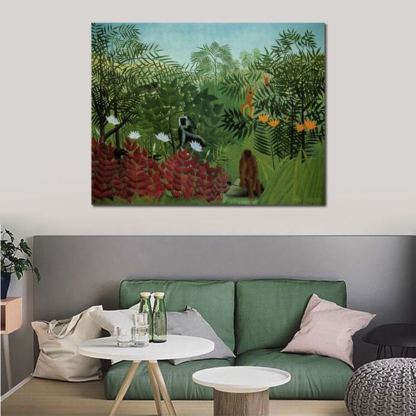 Impressionistische Landschafts-Leinwandkunst, tropischer Wald mit Affen und Schlange, handgefertigtes Ölgemälde von Henri Rousseau, modernes Zimmer