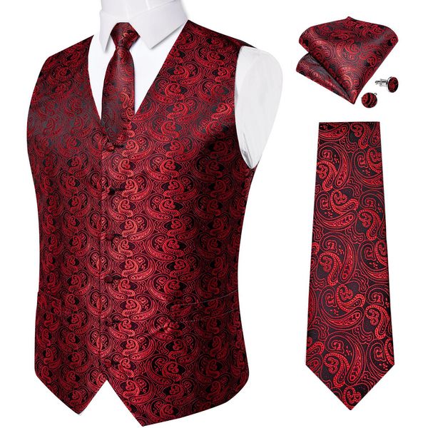 Gilet da uomo slim fit gilet cravatta set lussuoso gilet di seta rosso paisley giacca da sposa festa uomo abbigliamento abito formale gilet