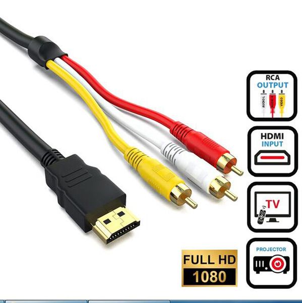 5 pés 1,5 M HDMI para 3 conectores banhados a ouro RCA Vídeo Áudio Full HD 1080 P Cabo AV Cabo Adaptador Masculino Para HDTV Smart TV Top Set-Box DVD Laptop Projetor