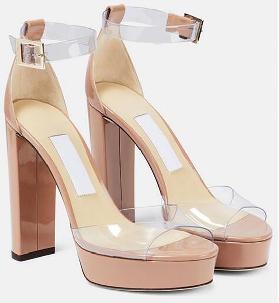 Summer Women Albi spesso con sandali Summer Women's PVC Leather Ankle Buckle Tacchi alti Elegante abito da sposa Evening Party EU35-43With Box