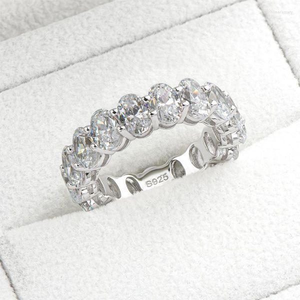 Cluster Anéis Prata Esterlina 925 4 6mm Corte Oval Total Eternidade Brilhante SONA Diamante Casamento Anel De Noivado Jóias