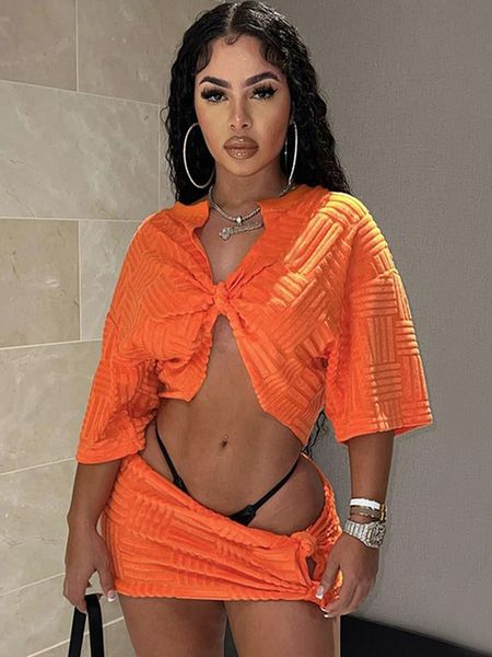 Zweiteiliger Kleid Sifreyr Casual Orange Set Frauen Sommer Streetwear Rock Anzug sexy v Hals Verband
