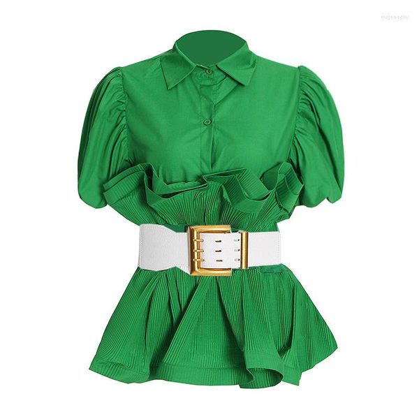 Camicette da donna Camicia verde per donna Risvolto Manica a sbuffo Pieghe pieghettate Camicie casual Donna 2023 Telai Abbigliamento moda primavera sottile