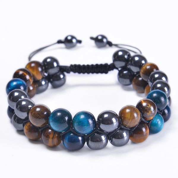 Venda quente 10mm azul tigre olho pedra pulseira dupla camada frisado trançado ajustável hematita ímã pulseira para homem