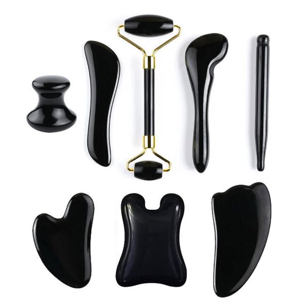 Masseur de visage Pierre naturelle Guasha Massage Grattoir à gouache pour visage Jade Roller Massager Set Black Obsidian Gua Sha Board SkinCare Tool 230609