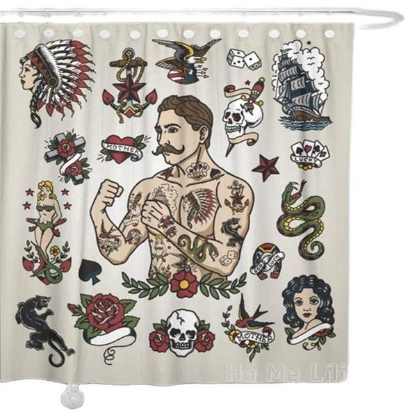 Tende Tenda da doccia in tessuto di Ho Me Lili con ganci Vintage Tattoo Flash Hipster Man Skull Heart Sirena Serpente Classico arredamento da bagno