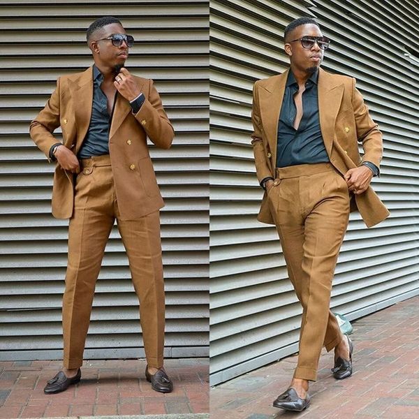 New Light Brown Groom Wear Smoking da sposa Risvolto con visiera Mens Business Formal Prom Best Man Blazer Suit 2 pezzi Giacca Pantaloni