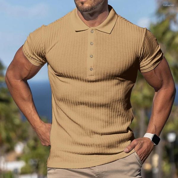 Polos pour hommes Manches courtes pour hommes Sports d'été Fitness Loisirs Élastique Barre verticale POLO Cardigan pour hommes