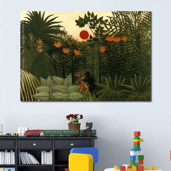 Animais da selva lona arte pintada à mão paisagem exótica luta entre gorila índio Henri Rousseau pintura de alta qualidade