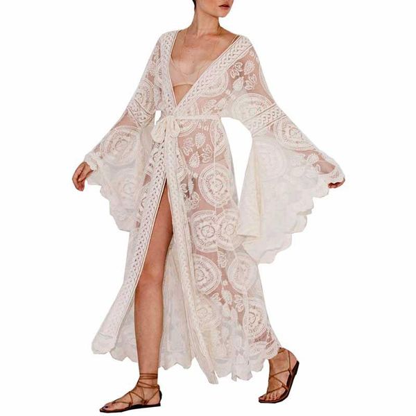 Elbiseler Maxi Boho Kimono Kaftan Kapaklar Elbise Cobe Kadınlar Sheer Dantel Tığ işi plaj elbise Beyaz Uzun Açık Ön Hırka Lady için