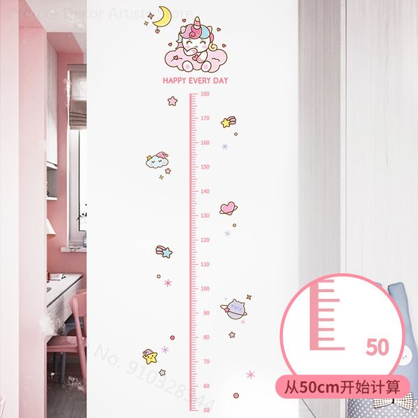 Niedlicher rosa Einhorn-Höhenaufkleber für Mädchenzimmer, Kinderhöhenlineal, Cartoon-Wandaufkleber, Kindergeschenk, Kinderzimmer-Höhenmessaufkleber