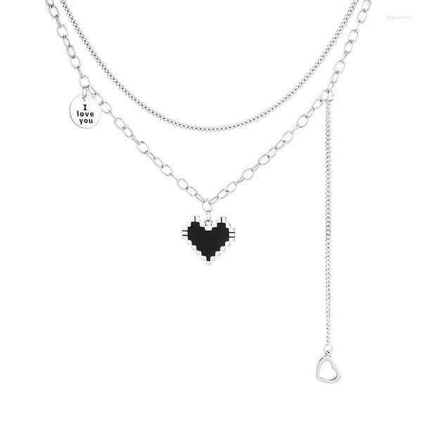 Correntes 356L ZFSILVER Fashion Trendy Silver 925 Retro Tassel Black Mosaic Heart Colares Para Mulheres Charms Jóias Acessórios Match-all