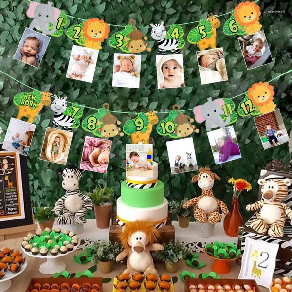 Decoração de festa 12 meses Animal Po Moldura Banners Tema Selva Bebê Primeiro Feliz Aniversário Guirlanda Para Crianças Decoração de Um Ano