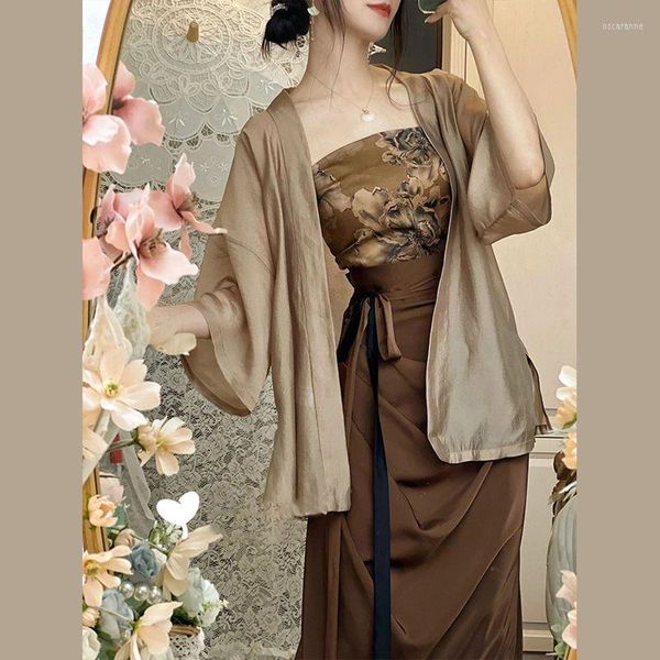 Abbigliamento etnico Vintage 3 pezzi Hanfu Brown Abiti in stile cinese Kimonocamiskirt Suit Sexy Off spalla Cheongsam Abito stampa donna