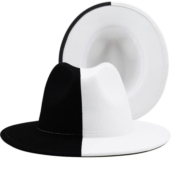 Siyah Beyaz Patchwork Yün Keçe Caz Fedora Şapkası Kadın Unisex Geniş Mızdırlık Panama Partisi Trilby Cowboy Cap Men Beyefendi Düğün Şapkası 22242Q