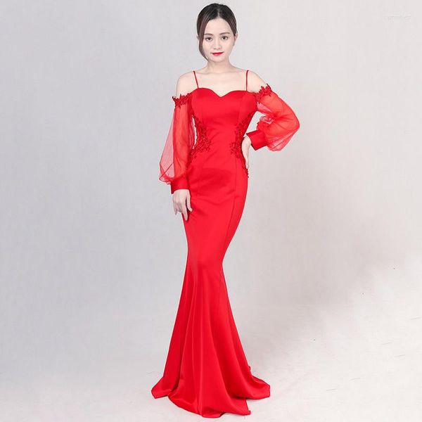 Lässige Kleider Corzzet Elegantes rotes transparentes Netz mit Laternenärmeln, schulterfrei, rückenfrei, Nachtkleid, Meerjungfrau, lange Party-Abendkleider