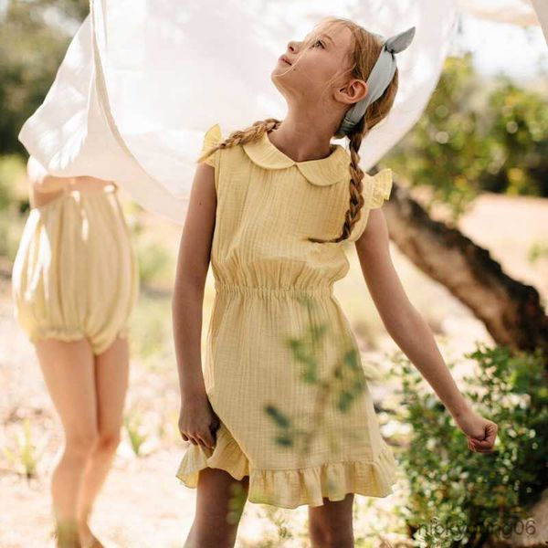 Mädchen Kleider Sommer Neue Mädchen Gelb Kleid Baumwolle Kinder Puppe Kragen Ärmelloser Saum Casual Prinzessin R230612