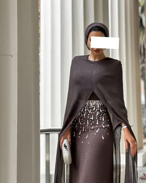 Fabelhafte Perlenscheide Abendkleider mit Cape Long Sleeve O Hals formelles Kleid Knöchel Länge Saudi -Arabien Frauen Robe de Novia 415