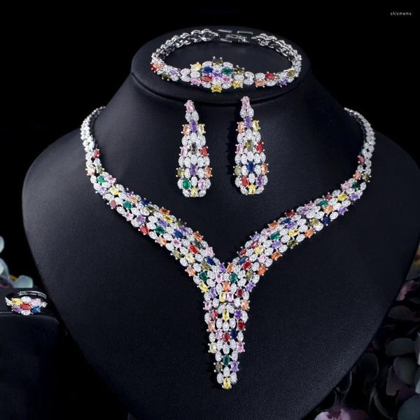 Halskette Ohrringe Set Uilz Arabisch Dubai Schwerer Kubischer Zirkon Mutilcolor Schmuck Für Frauen Glänzende Große Luxus Hochzeit Zubehör