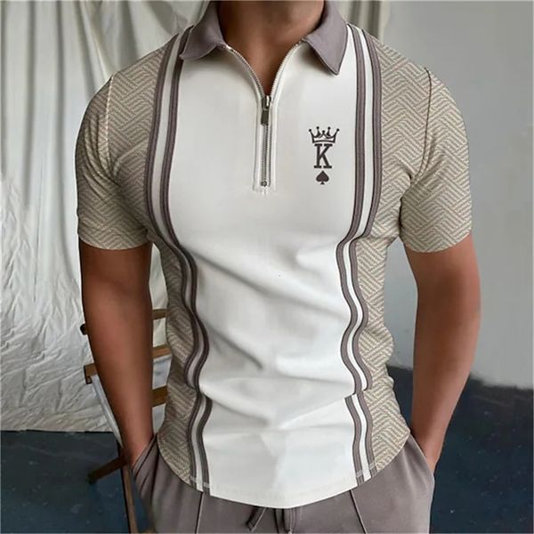 Póquer Masculino Tops Masculinos Gola Turn-down Zippers Golf Letter Clothing Masculino Manga Curta T-shirt Simples Camisa Geral Solta Respirável 230612