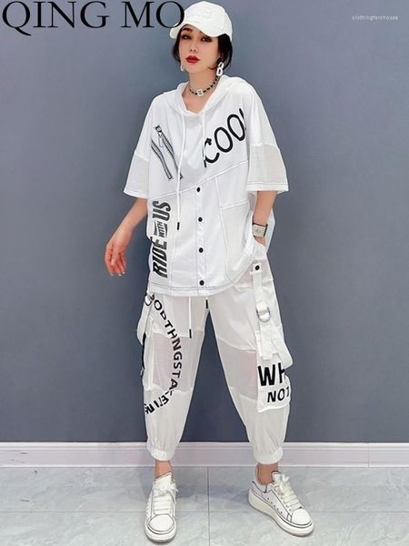 Frauen Zweiteilige Hosen QING MO 2023 Sommer Koreanische Mode Polo Kragen Sonnencreme Top Casual Capris Set Frauen Schwarz Weiß ZXF2854