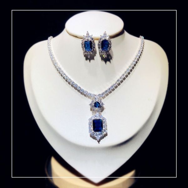 Anhänger Halsketten Edlen Schmuck Sets Für Frauen S925 Sterling Temperament Erstellt Blauen Edelstein Ohrringe Halskette Set Braut Hochzeit Zubehör 230609