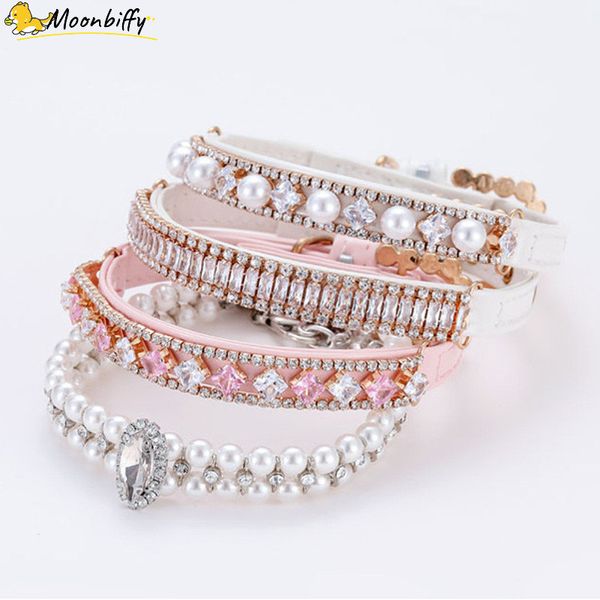 Collari di perle per cani e gatti con strass di cristallo Collana per gatti con strass Tracolla regolabile in pelle PU per cani di piccola taglia Forniture per gatti