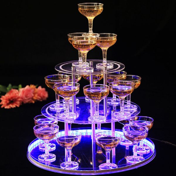 Bar Tools Wedding Champagne Tower Supporto per bicchieri da cocktail a tre strati Acrilico trasparente con luce USB per la decorazione di feste di celebrazione 230612