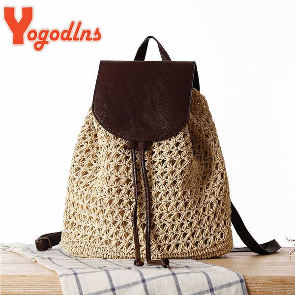 Rucksack Yogodlns Sommer aushöhlen Kordelzug Haspe Strohsack Schultasche Strickrucksäcke Strandtasche Reise Urlaub Damen Einkaufstasche J230517