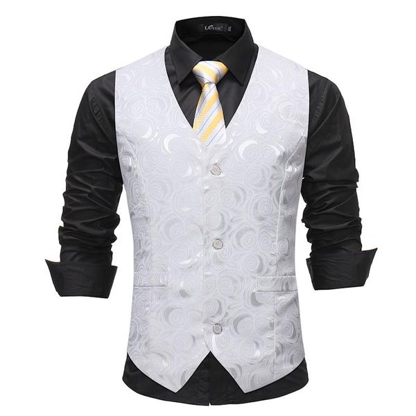 Blazers dos homens branco rosa jacquard terno colete gilet homme nova marca magro ajuste negócios formal vestido colete masculino festa smoking coletes