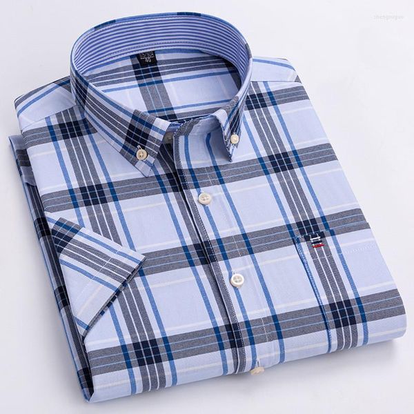 Camisas casuais masculinas 2023 verão masculina manga curta decote quadrado listra xadrez todo algodão Oxford têxtil empresarial camisa de bolso único S-7XL