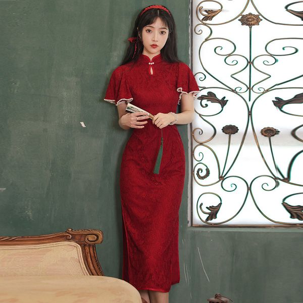 Lotusblattärmel Chinesischer Trend Hochzeit Vintage Weinrot Spitze Cheongsam Verbesserte Version Braut Claret Toast Abendkleid