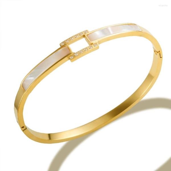 Pulseira JINHUI Branco Shell Aço Inoxidável Pulseira Feminina Esmaltado Luxo Zircônia Cúbica Bangles Banhado a Ouro Jóias de Cristal