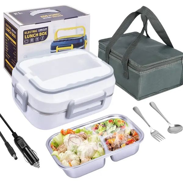 Set, elektrische Lunchbox-Lebensmittelheizung, tragbarer Lebensmittelwärmer 12 V/24 V für Auto/LKW, 110 V für die Arbeit zu Hause, beheizte Lunchbox für Erwachsene, abnehmbarer Behälter aus Edelstahl 304