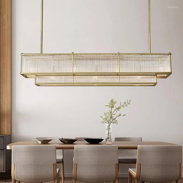 Lâmpadas pendentes lustre retangular moderno vintage haste de vidro transparente linear LED luminária de brilho dourado para sala de jantar
