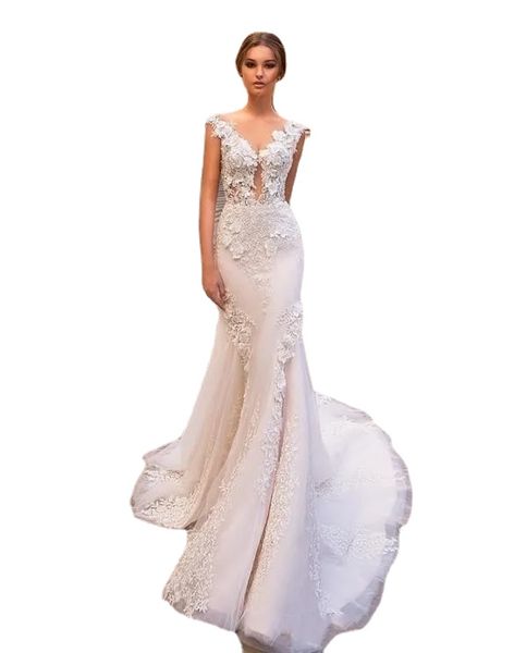 Nuovi abiti da sposa a sirena di lusso con scollo a V manica ad aletta Tulle Appliques in pizzo Medio Oriente Sexy Back Sweep Train Plus Size Abiti da sposa