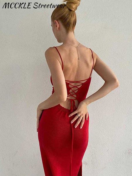 Vestidos casuais Sexy Backless Knit Dress Women Midi 2023 Summer Thin Bandage Slim High Split Dresses Solid Elegant Vacation Beach Lady Slip Robe Z0612