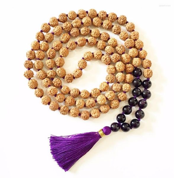Anhänger Halsketten 108 Mala Perlen Halskette Rudraksha Lila Quarz handgeknüpft Meditation Gebet Taeesl