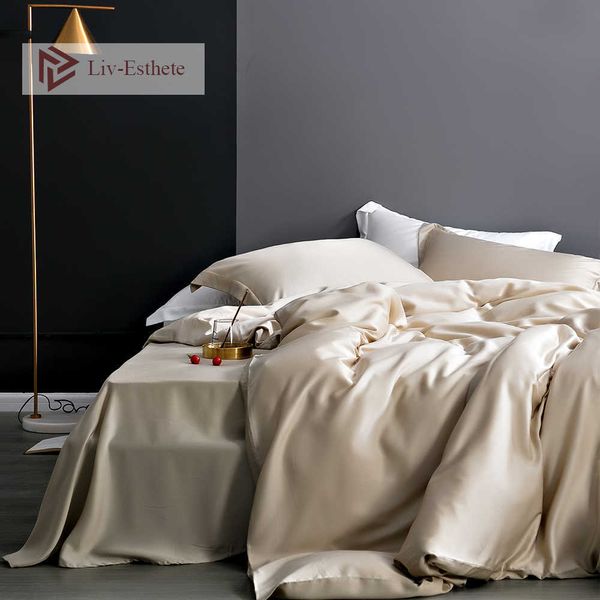Conjuntos de cama LivEsthete Champagne Gold 100 Conjunto de cama de seda Silky Pele saudável Capa de edredom Lençol plano cace Feminino Conjunto de cama de casal Z0612